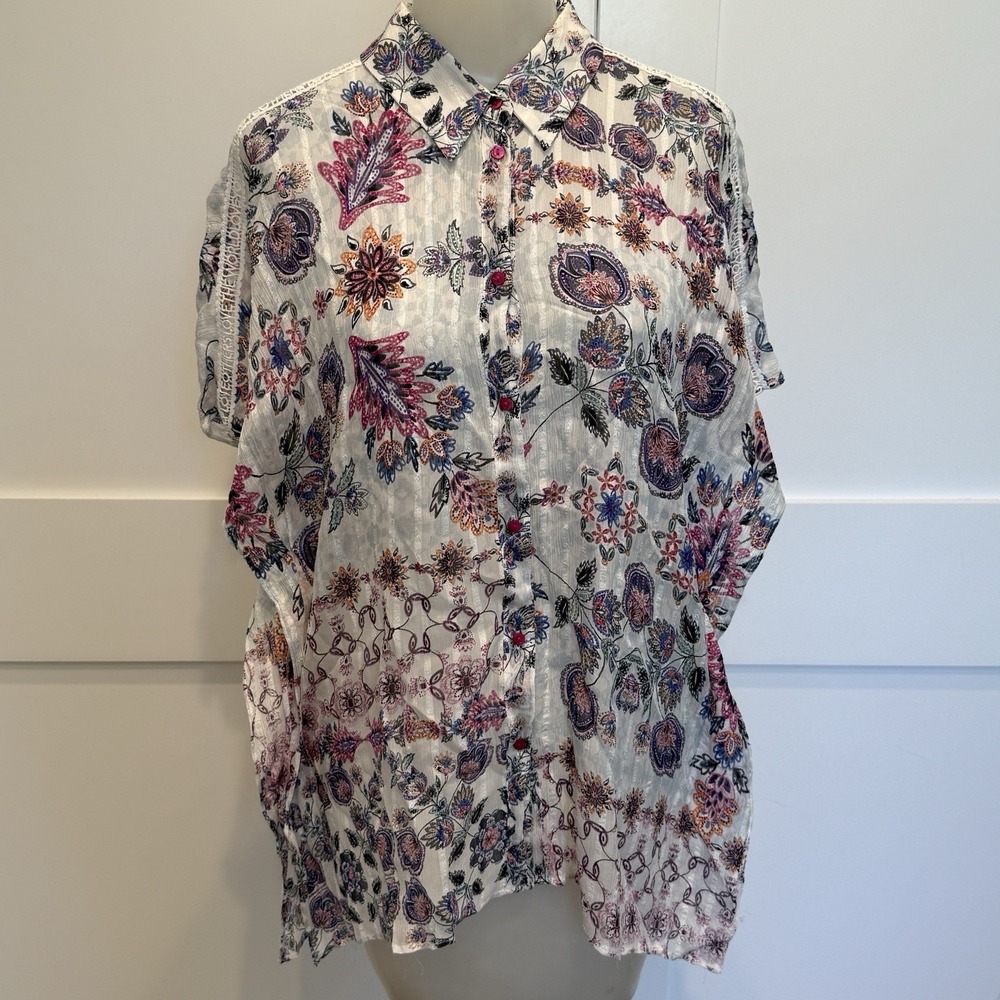 Desigual Floral Paisley Button Front Tunic Shirt Love Yourself Size Large Boho